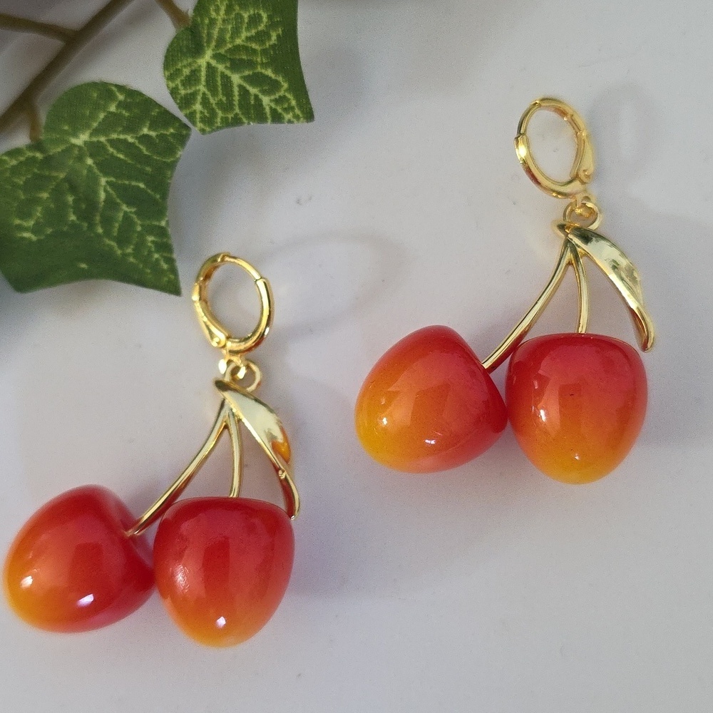 Gold Filled Huggie Hoop Cherry Drop Earrings